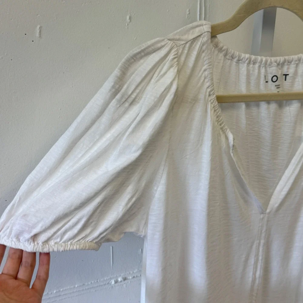 LOFT Cotton Slub Puff Sleeve Split Neck Blouse Top Medium 36801213 White Relaxed